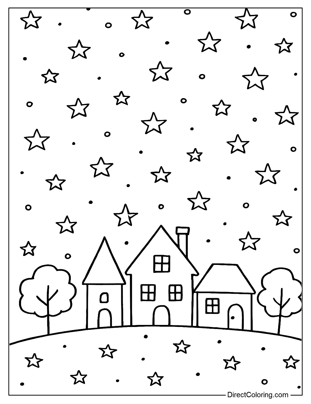 Coloring page of a peaceful small town under the sparkling starry night sky